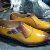 Western Style Two Tone Single Monk Strap Shoes, Hand Stitch Brogue Genuine Leather Occasional Shoes  - Thumbnail 3