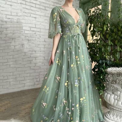 Green v neck lace long prom dress a line evening dress - Thumbnail 1
