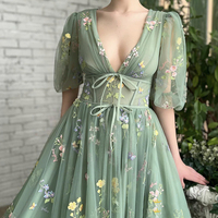 Green v neck lace long prom dress A line evening dress - Thumbnail 1