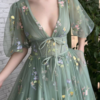 Green v neck lace long prom dress A line evening dress - Thumbnail 2