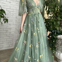 Green v neck lace long prom dress A line evening dress - Thumbnail 3