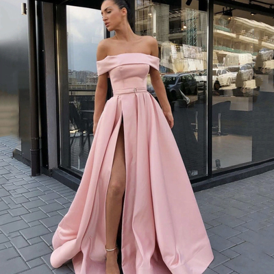 Pink satin long prom dress a line evening dress - Thumbnail 2