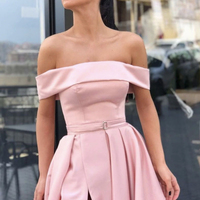 Pink satin long prom dress A line evening dress - Thumbnail 1