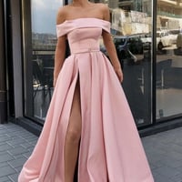 Pink satin long prom dress A line evening dress - Thumbnail 2