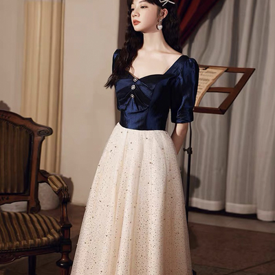 Blue tulle long  a line prom dress blue evening dress - Thumbnail 2