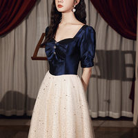 Blue tulle long  A line prom dress blue evening dress - Thumbnail 1