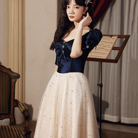 Blue tulle long  A line prom dress blue evening dress - Thumbnail 2