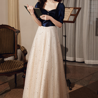 Blue tulle long  A line prom dress blue evening dress - Thumbnail 3