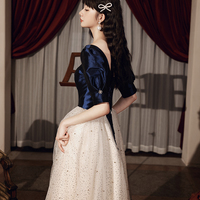 Blue tulle long  A line prom dress blue evening dress - Thumbnail 5