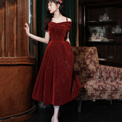 Burgundy velvet short prom dress homecoming dress - Thumbnail 2