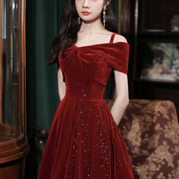 Burgundy velvet short prom dress homecoming dress - Thumbnail 1