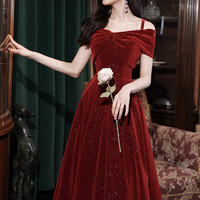 Burgundy velvet short prom dress homecoming dress - Thumbnail 2