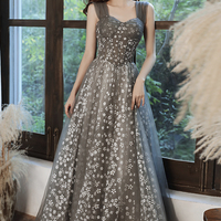 Gray tulle floral long A line prom dress evening dress - Thumbnail 2