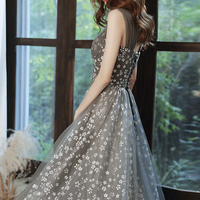 Gray tulle floral long A line prom dress evening dress - Thumbnail 3