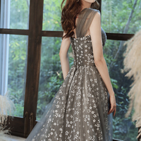 Gray tulle floral long A line prom dress evening dress - Thumbnail 4
