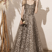 Gray tulle floral long A line prom dress evening dress - Thumbnail 5