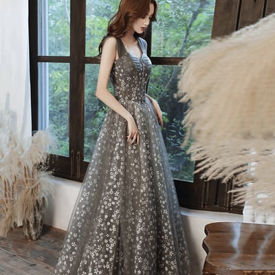 Gray tulle floral long a line prom dress evening dress - Thumbnail 2