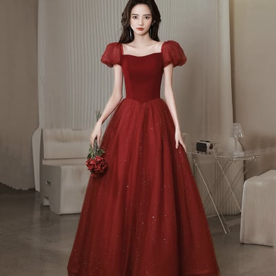 Burgundy velvet tulle long prom dress a line evening dress
