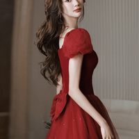 Burgundy velvet tulle long prom dress A line evening dress - Thumbnail 2