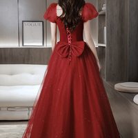 Burgundy velvet tulle long prom dress A line evening dress - Thumbnail 3