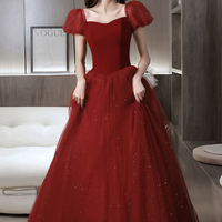 Burgundy velvet tulle long prom dress A line evening dress - Thumbnail 4