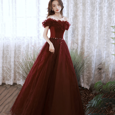 Burgundy tulle long prom dress a line evening dress - Thumbnail 3
