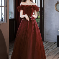 Burgundy tulle long prom dress A line evening dress - Thumbnail 1