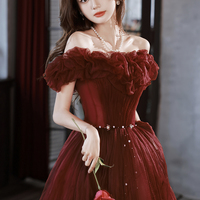 Burgundy tulle long prom dress A line evening dress - Thumbnail 2