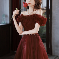 Burgundy tulle long prom dress A line evening dress - Thumbnail 3