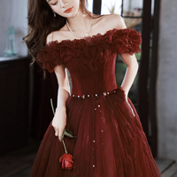 Burgundy tulle long prom dress A line evening dress - Thumbnail 4