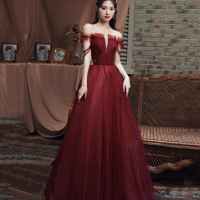Burgundy tulle beads long prom dress a line evening gown - Thumbnail 2