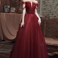 Burgundy tulle beads long prom dress A line evening gown - Thumbnail 5