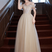 Champagne tulle lace long prom dress evening dress - Thumbnail 1