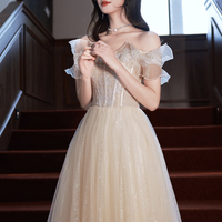 Champagne tulle lace long prom dress evening dress - Thumbnail 2