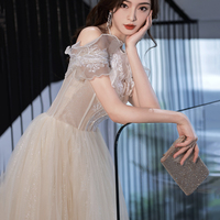 Champagne tulle lace long prom dress evening dress - Thumbnail 5