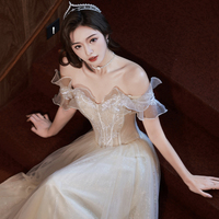 Champagne tulle lace long prom dress evening dress - Thumbnail 7