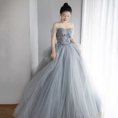 Gray tulle long a line prom dress formal dress