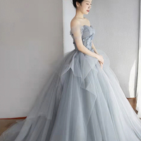 Gray tulle long A line prom dress formal dress - Thumbnail 2