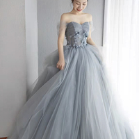 Gray tulle long A line prom dress formal dress - Thumbnail 4