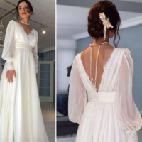 Long Sleeve Boho Wedding Dress,V Back Bridal Dresses,Chiffon Wedding Gowns,1385 - Thumbnail 1