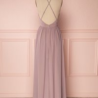 Simple Blush Chiffon Pleats Back Plunging Neckline Prom Dress,1386 - Thumbnail 1