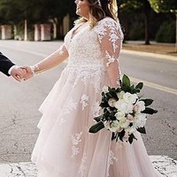 Blush Long Sleeve Lace Plus Size Wedding Dress,1387 - Thumbnail 1
