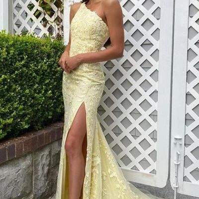 Sheath one shoulder yellow prom dress,1388 - Thumbnail 1