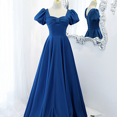 Blue satin long a line prom dress blue evening dress,1389 - Thumbnail 1