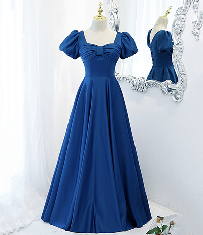 Blue satin long A line prom dress blue evening dress,1389