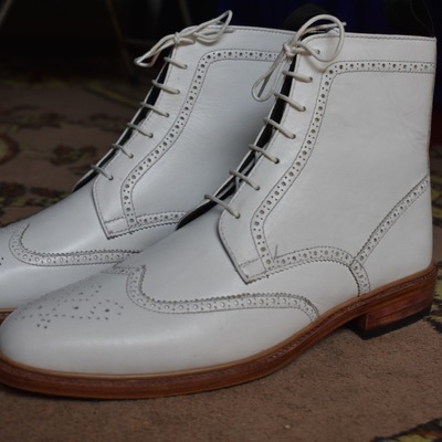 Best western style oxfords white ankle high boot, hand stitch genuine leather lace up boot - Thumbnail 2