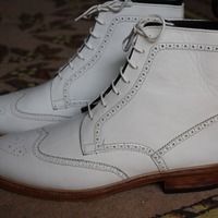 Best Western Style Oxfords White Ankle High Boot, Hand Stitch Genuine Leather Lace Up Boot - Thumbnail 1