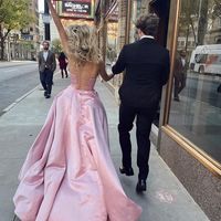 Ball Gown Strapless Pink Satin Long Prom Evening Dresses Formal Party Dresses - Thumbnail 1
