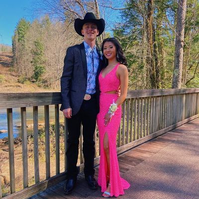 Gorgeous mermaid v neck hot pink sequin long prom evening dresses - Thumbnail 1