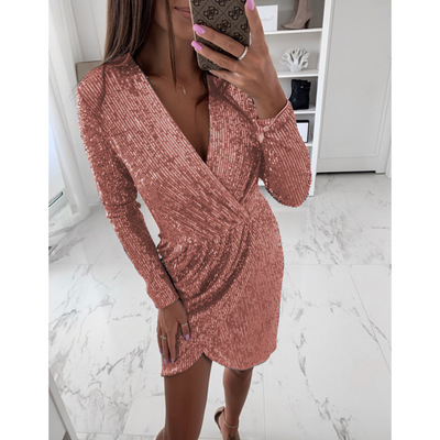Long Sleeve Solid Color V-Neck High Waist Mini Dress